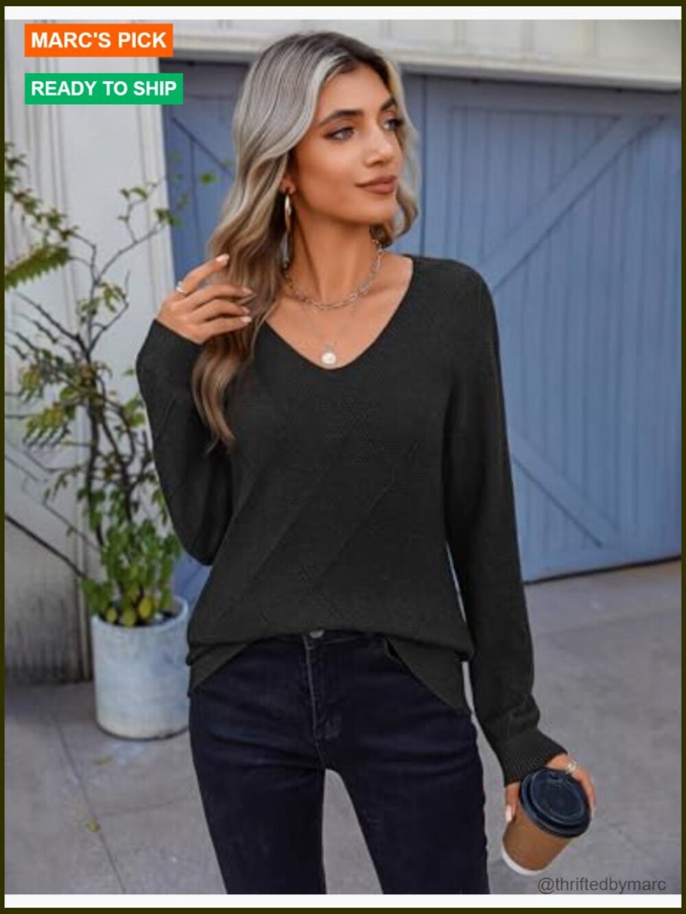 Knitted Long Sleeve V-Neck Lightweight Crochet Pullover Sweater Top - Picture 3 of 5